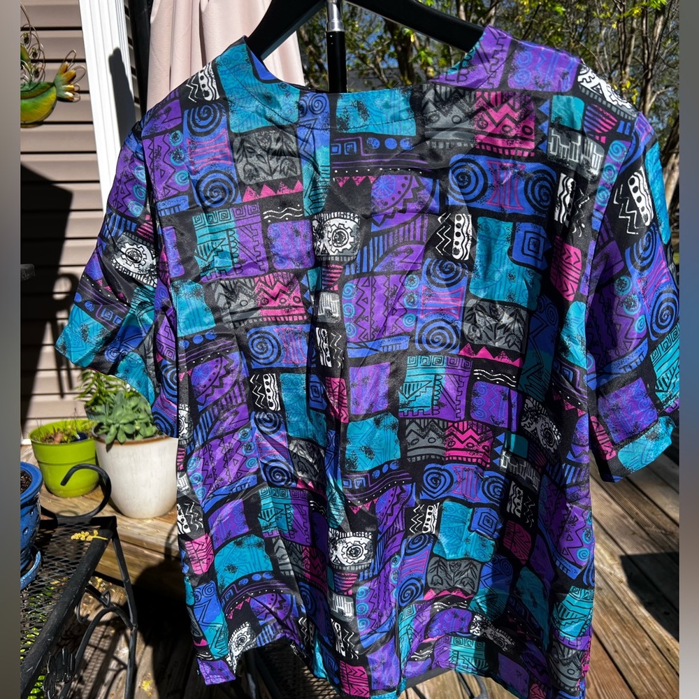 Gorgeous Vintage Sarah Stephen 80s Short Sleeve Patterned Shirt Purple & Teal
